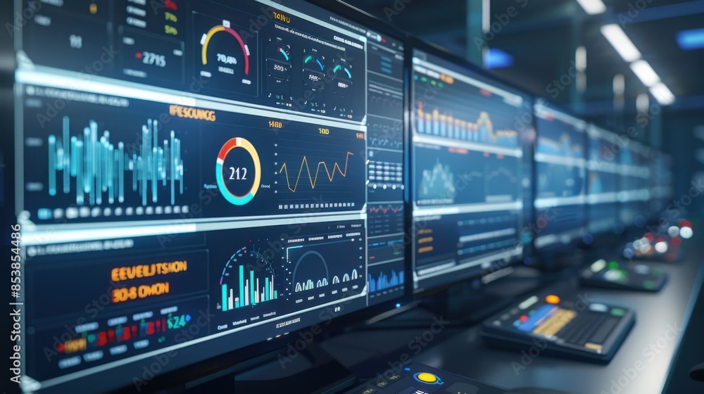 A smart city energy analytics dashboard showing real-time data on energy consumption and production, photorealistic, in a high-tech control room, emphasizing smart energy management. A smart city energy analytics dashboard showing real-time data on energy consumption and production, photorealistic, in a high-tech control room, emphasizing smart energy management.