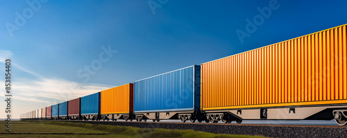 Industrial cargo train moving swiftly across expansive railroad landscape 