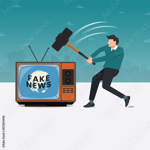 Man using a hammer destroy the television with fake news design vector illustration