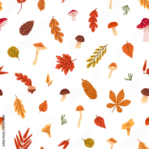 Endless background with dry oak leaves, red rowan foliage, different mushrooms, fir needles. Repeatable pattern of autumn forest nature, fall woodland plants. Flat seamless vector illustration
