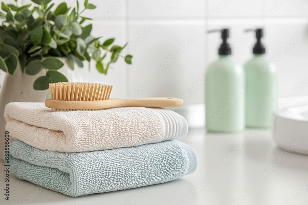 Soft pastel towels, organic baby soap, and wooden hairbrush displayed on a clean white bathroom counter Soft pastel towels, organic baby soap, and wooden hairbrush displayed on a clean white bathroom counter