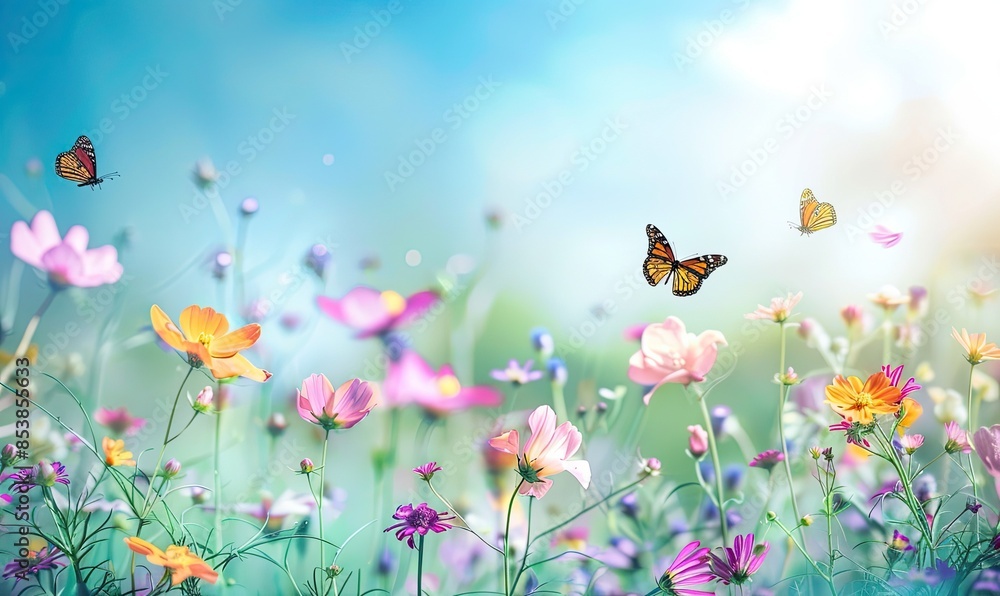 Obraz premium A vibrant meadow filled with blooming wildflowers and butterflies fluttering, creating a beautiful and serene springtime scene.