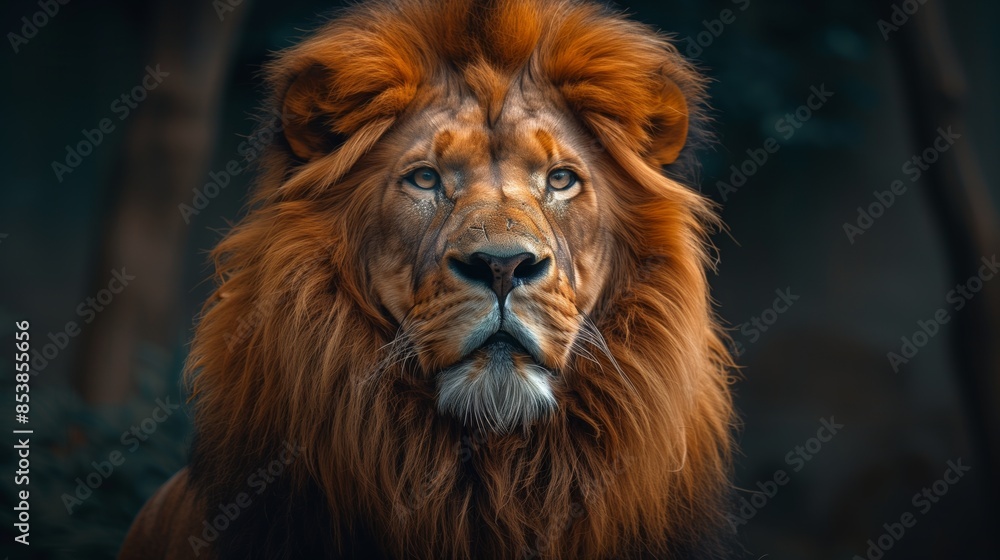A majestic lion with an impressive mane stands against the backdrop of its natural habitat A majestic lion with an impressive mane stands against the backdrop of its natural habitat