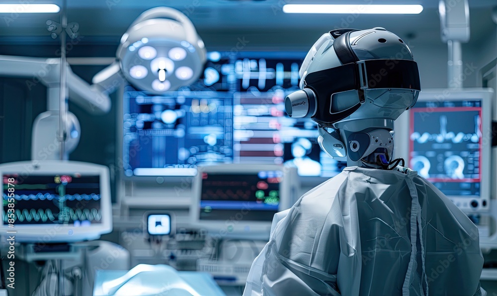 Advanced robotic technology in a modern medical facility with monitors displaying various patient data and a robot in the foreground. Advanced robotic technology in a modern medical facility with monitors displaying various patient data and a robot in the foreground.