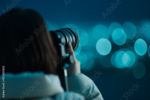 Stargazing equipment against a night sky backdrop, background with empty space for text 