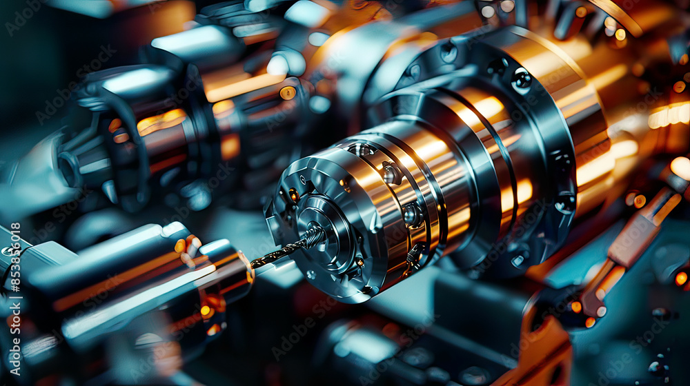Hyper-realistic image of a metalworking CNC lathe milling machine cutting metal detailed view of the cutting tool and metal piece lighting modern Hyper-realistic image of a metalworking CNC lathe milling machine cutting metal detailed view of the cutting tool and metal piece lighting modern