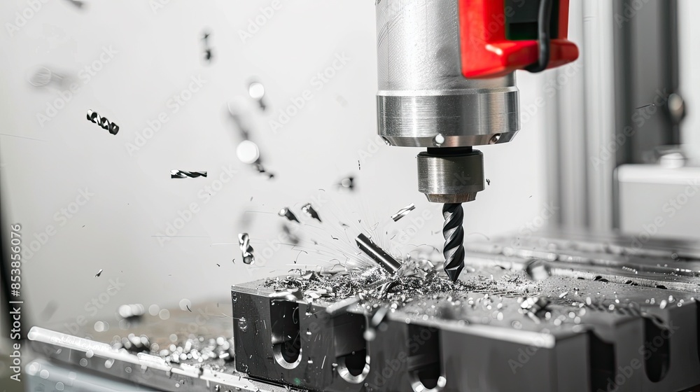 Close-up of a CNC machine drilling metal with shavings flying, showcasing modern manufacturing and industrial machining processes. Close-up of a CNC machine drilling metal with shavings flying, showcasing modern manufacturing and industrial machining processes.