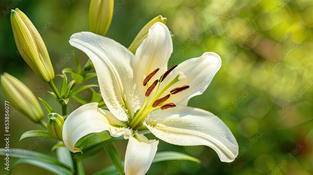 Obraz premium Close-up of a beautiful white lily surrounded by green foliage, capturing the essence of nature in full bloom.