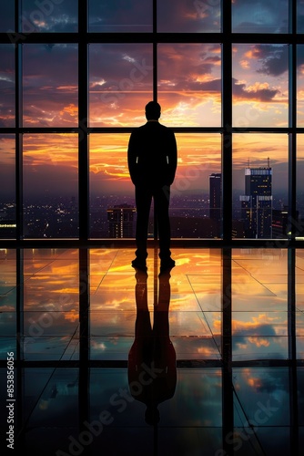 Businessman standing in front of a large window overlooking a city skyline during a sunset, reflecting off the glass floor.