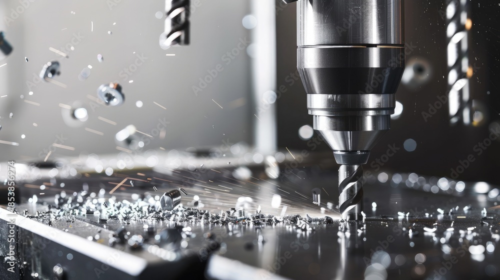 Close-up of CNC machine drilling metal with precision, producing metal shavings. Industrial machining process in action. Close-up of CNC machine drilling metal with precision, producing metal shavings. Industrial machining process in action.