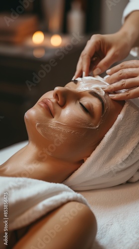 Photo of a woman lying on a massage table, a white towel wrapped around her head and shoulders, spa staff applying oil to her face with his hands in closeup,