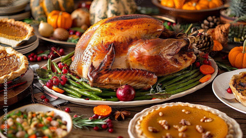 For Christmas, the Turkey sits on an elegant table topped with other dishes and vegetables, Christmas and Thanksgiving themes For Christmas, the Turkey sits on an elegant table topped with other dishes and vegetables, Christmas and Thanksgiving themes