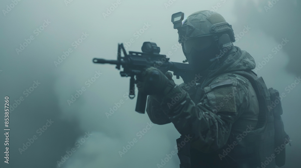 Portrait of a soldier in tactical gear with a weapon in the fog. Military man on a mission with a rifle. Concept of weapons, war. Portrait of a soldier in tactical gear with a weapon in the fog. Military man on a mission with a rifle. Concept of weapons, war.