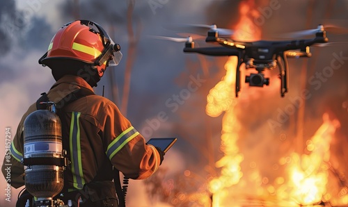 Firefighter controls drone near blazing fire, illustrating modern firefighting technology and emergency response strategy.