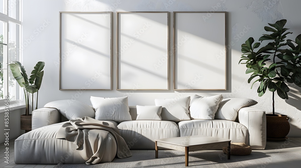 Fototapeta premium 3 large thick white wooden picture frames hanging on the wall in front of the sofa, neutral colors and tones, a simple minimalist modern living room with a Scandinavian design style.