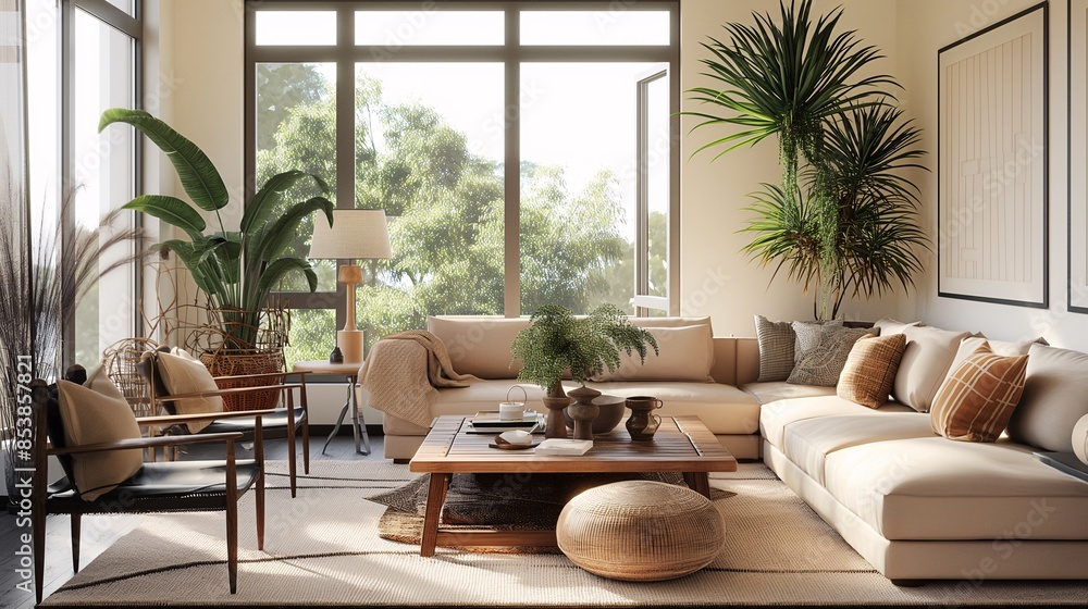 Modern living room with neutral colors, large windows, indoor plants, comfortable sofa, and a coffee table creating a cozy, inviting atmosphere. Modern living room with neutral colors, large windows, indoor plants, comfortable sofa, and a coffee table creating a cozy, inviting atmosphere.