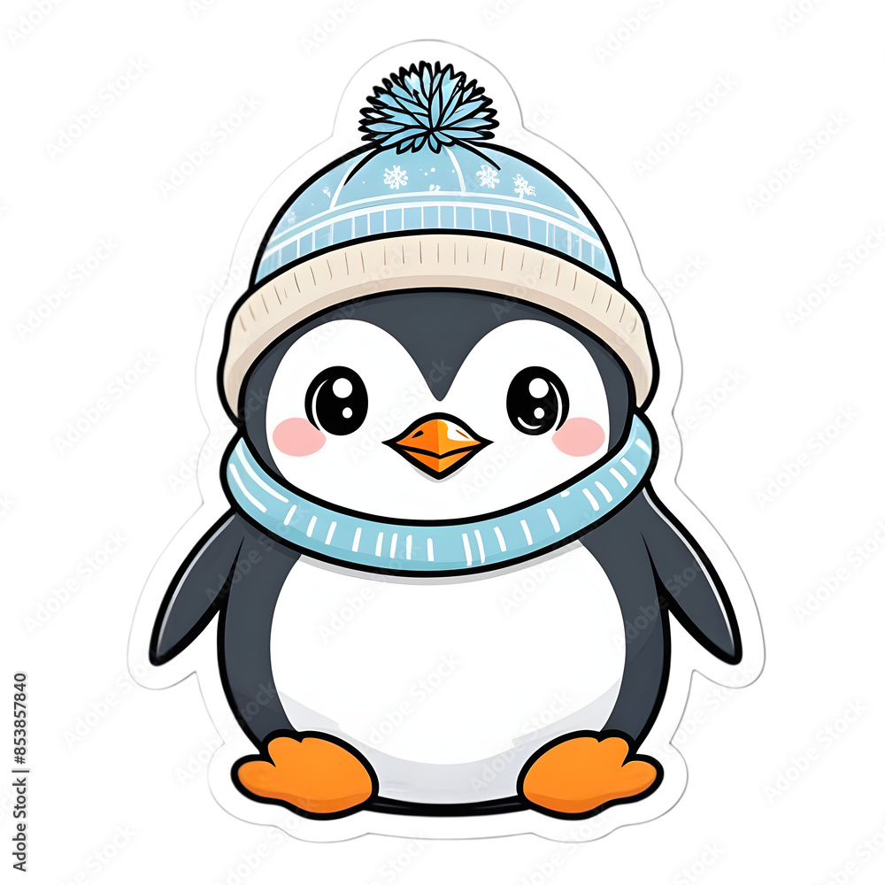 Fototapeta premium Adorable Baby Penguin with Winter Hat, kawaii style