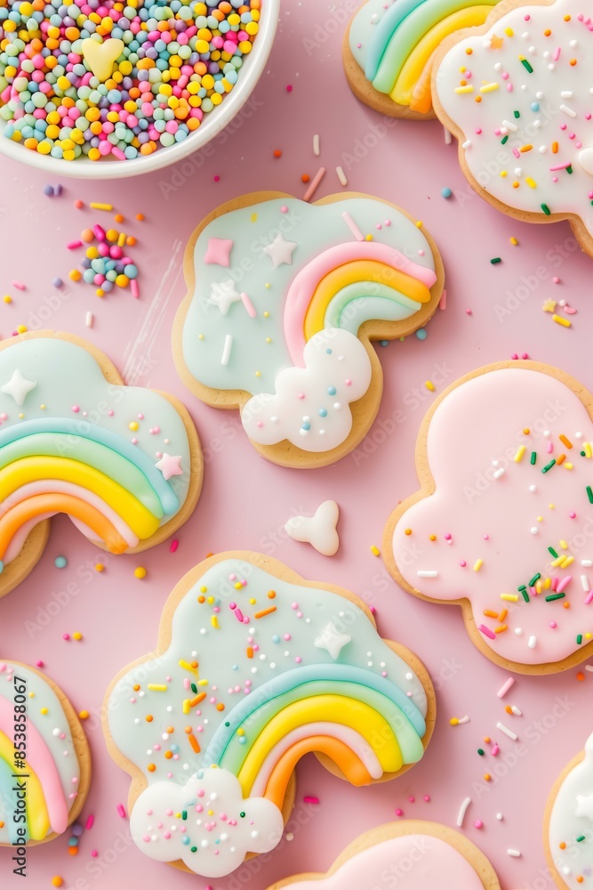 colorful, pastel-themed cookies shaped like rainbows, clouds, and abstract designs. The cookies are arranged on a pink background with a small bowl of rainbow sprinkles colorful, pastel-themed cookies shaped like rainbows, clouds, and abstract designs. The cookies are arranged on a pink background with a small bowl of rainbow sprinkles