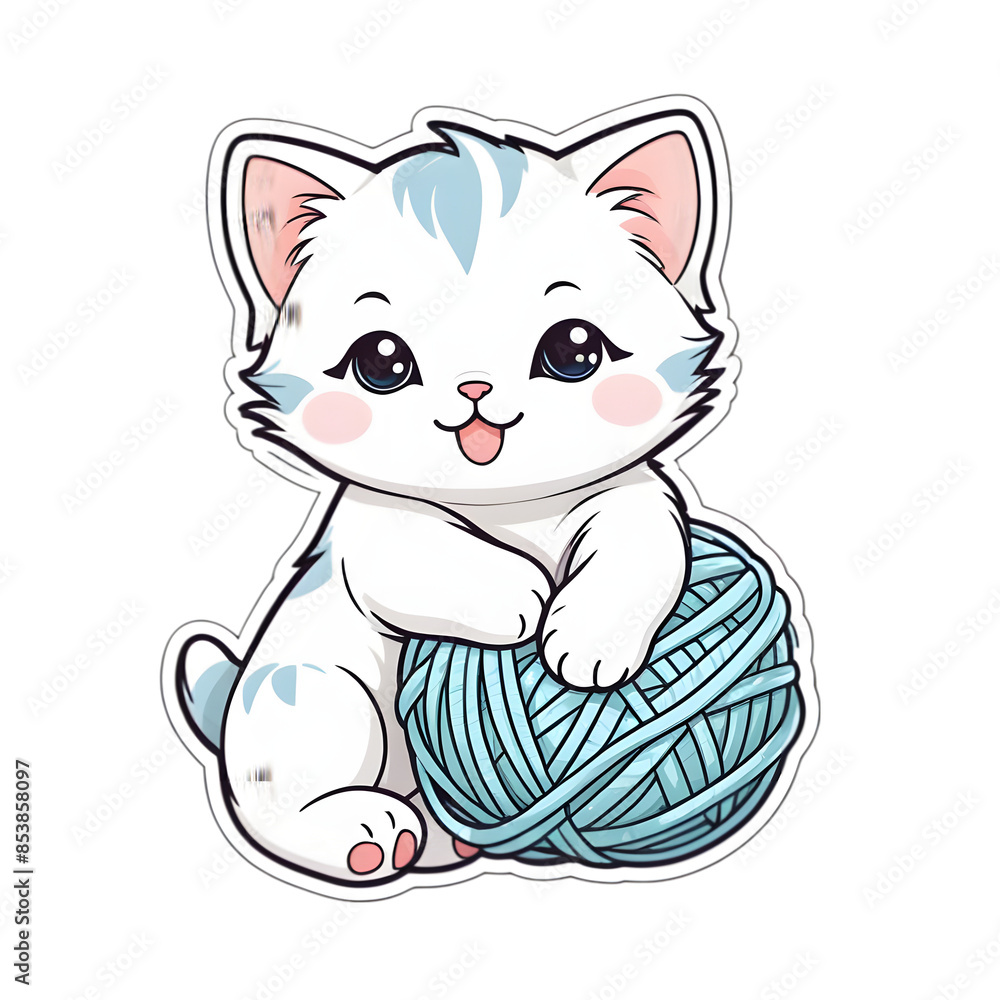 Cute Baby Kitten with Yarn Ball, kawaii style Cute Baby Kitten with Yarn Ball, kawaii style