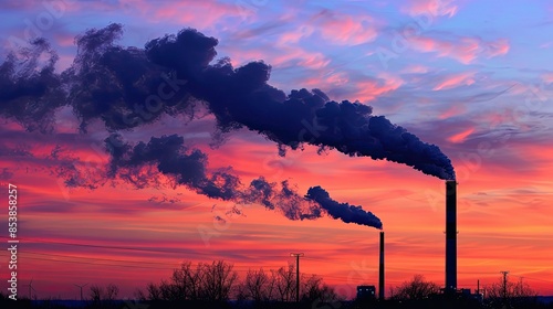Industrial chimneys emit smoke against a vibrant sunset, illustrating pollution and environmental impact of factories.