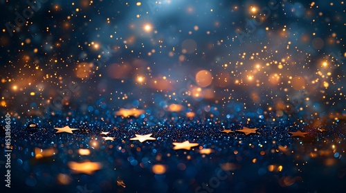 A background of golden stars on a dark blue with glitter and sparkle effects. atmosphere suitable for festive or special events like New Year's Eve, Christmas, Easter, wedding skies.