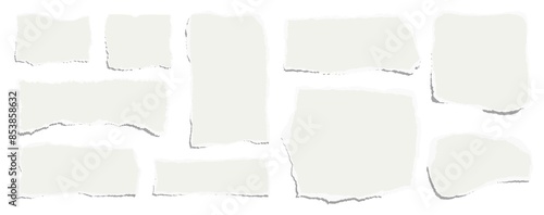 Elongated horizontal set of torn pieces of paper isolated on a white background. Paper collage.