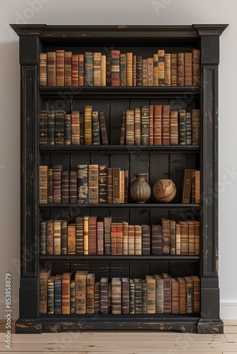 A large black bookcase filled with books of various sizes and colors