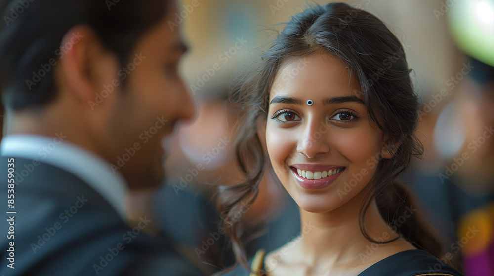 Young Indian woman smiling at her university graduation ceremony. Young Indian woman smiling at her university graduation ceremony.