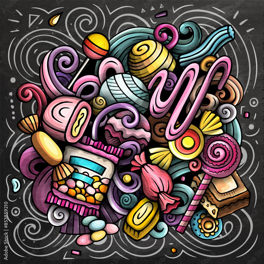 Obraz premium Candies cartoon vector doodles illustration. Sweet food design. Confection elements and objects background. Bright colors funny picture. All items are separated