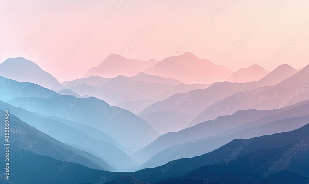 Serene mountain landscape with soft pastel colors, mist-covered peaks, and tranquil atmosphere, perfect for backgrounds and calming visuals.