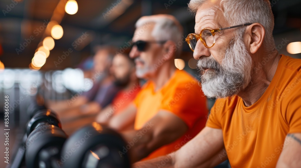 Fototapeta premium Senior man exercising on treadmill in modern gym.