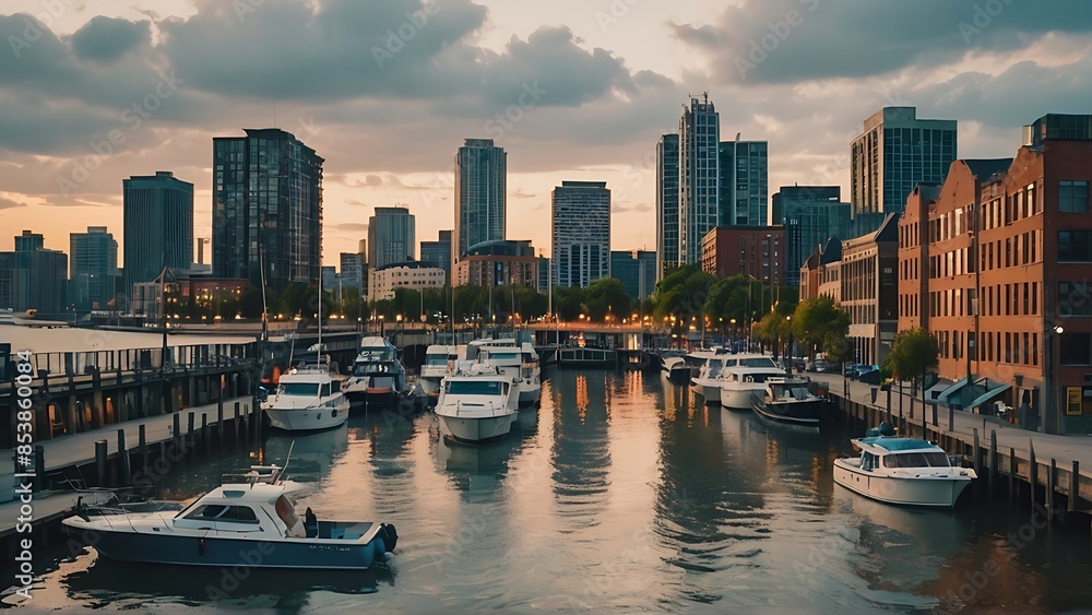 City skyline and harbor at sunset with skyscrapers, boats, and a vibrant urban waterfront City skyline and harbor at sunset with skyscrapers, boats, and a vibrant urban waterfront