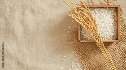 a wooden square box filled with rice, with ears and grain placed on the side, set against a plain background with no text or images.