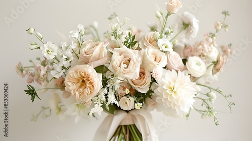 A beautiful bouquet of flowers in shades of blush and cream, tied with delicate white ribbon, set against an offwhite background.