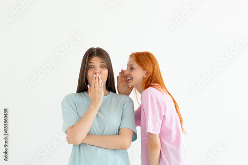 Portrait of a two cute girls dressed in blue and pink t-shirts whispering a secret isolated over white background