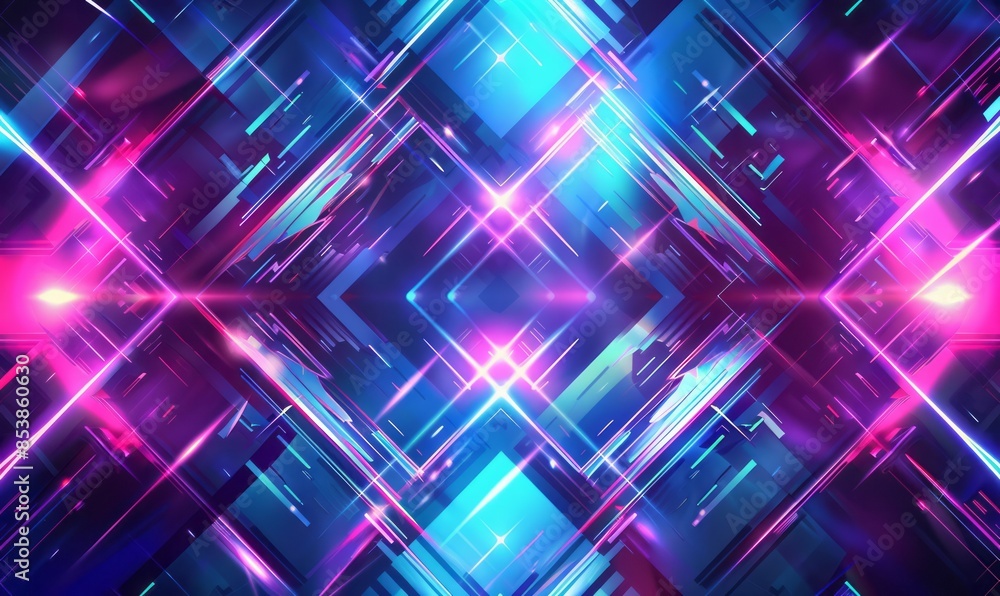 Vibrant neon lights forming an abstract background with geometric patterns, creating dynamic visual effects in blue and purple hues Vibrant neon lights forming an abstract background with geometric patterns, creating dynamic visual effects in blue and purple hues