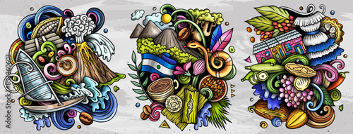 El Salvador cartoon vector doodle designs set. Colorful detailed compositions with lot of Salvadoran objects and symbols. Isolated on white illustrations