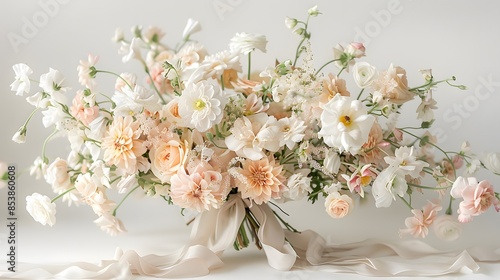 A beautiful bouquet of flowers in shades of blush and cream, tied with delicate white ribbon, set against an offwhite background.