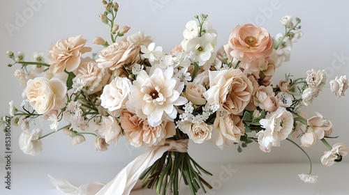 A beautiful bouquet of flowers in shades of blush and cream, tied with delicate white ribbon, set against an offwhite background.