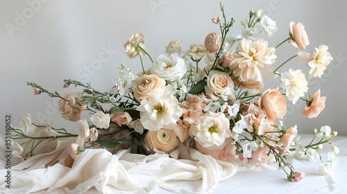 A beautiful bouquet of flowers in shades of blush and cream, tied with delicate white ribbon, set against an offwhite background.