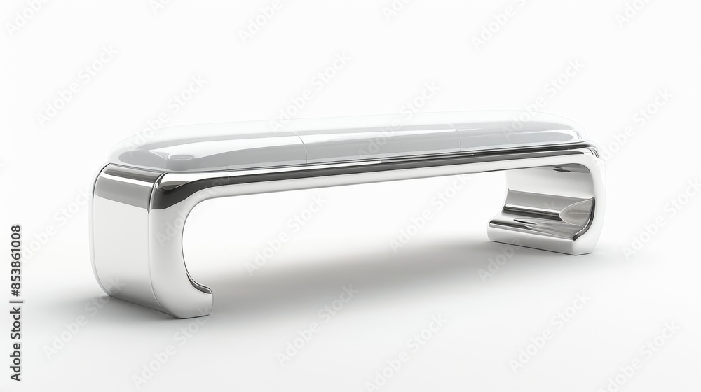 A silver bench with a curved back is sitting on a white background A silver bench with a curved back is sitting on a white background