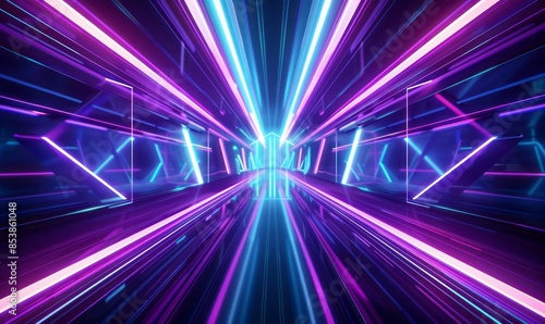 Vibrant neon lights forming an abstract background with geometric patterns, creating dynamic visual effects in blue and purple hues