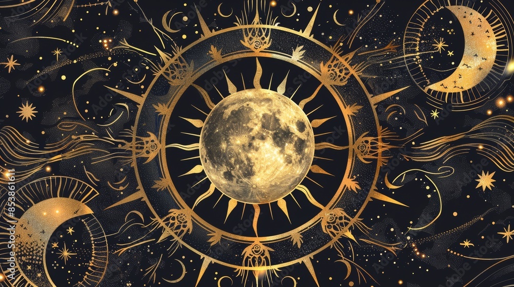 Poster of esoteric astrology with sun and moon golden celestial elements. Poster of esoteric astrology with sun and moon golden celestial elements.