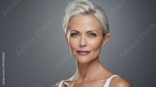 60 year old Caucasian woman with short blonde hair, wearing a white top, against a gray background