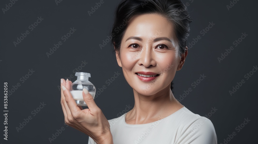 Middle-aged Asian Woman Holding Glass Bottle Middle-aged Asian Woman Holding Glass Bottle