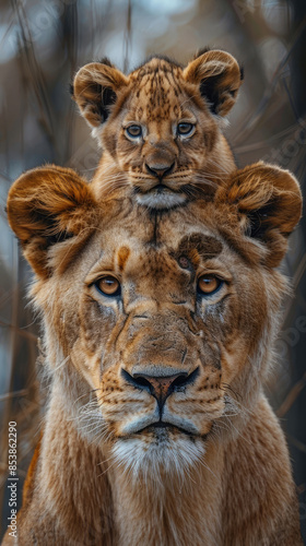 cute wildlife animal lioness with a baby lion on her head