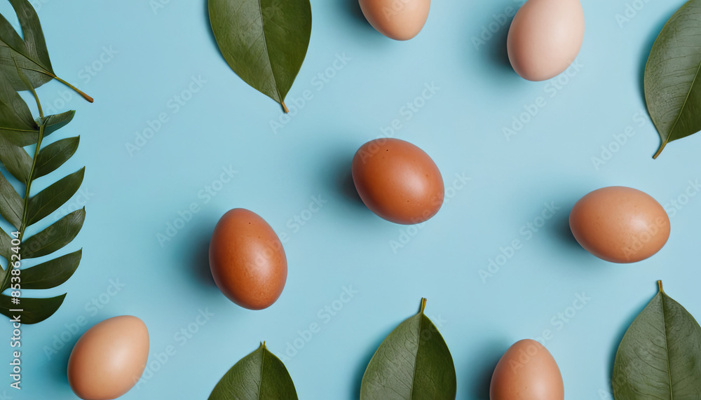 An overhead view of brown Easter eggs with green leaves arranged on a light blue background An overhead view of brown Easter eggs with green leaves arranged on a light blue background