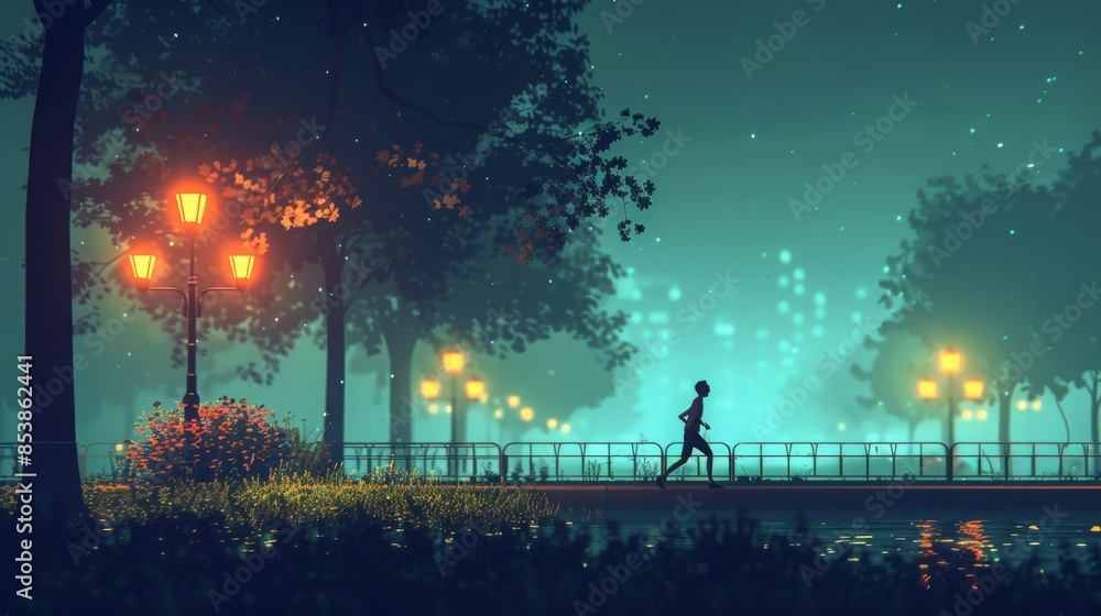 Obraz premium Ethereal evening scene of a jogger running along a park path illuminated by street lamps, against a misty city backdrop, concept of peaceful urban escapes and healthy lifestyles