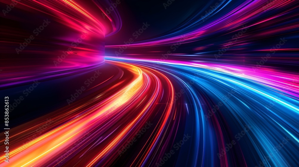 Blurred motion of colorful neon lights streaking through dark background Blurred motion of colorful neon lights streaking through dark background