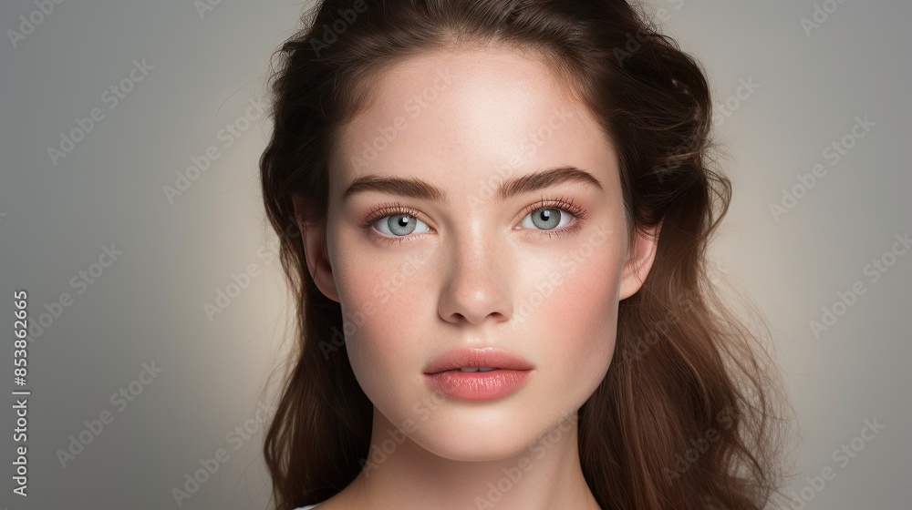 Young Caucasian Woman with Long Brown Hair, Blue Eyes, and Natural Makeup Young Caucasian Woman with Long Brown Hair, Blue Eyes, and Natural Makeup
